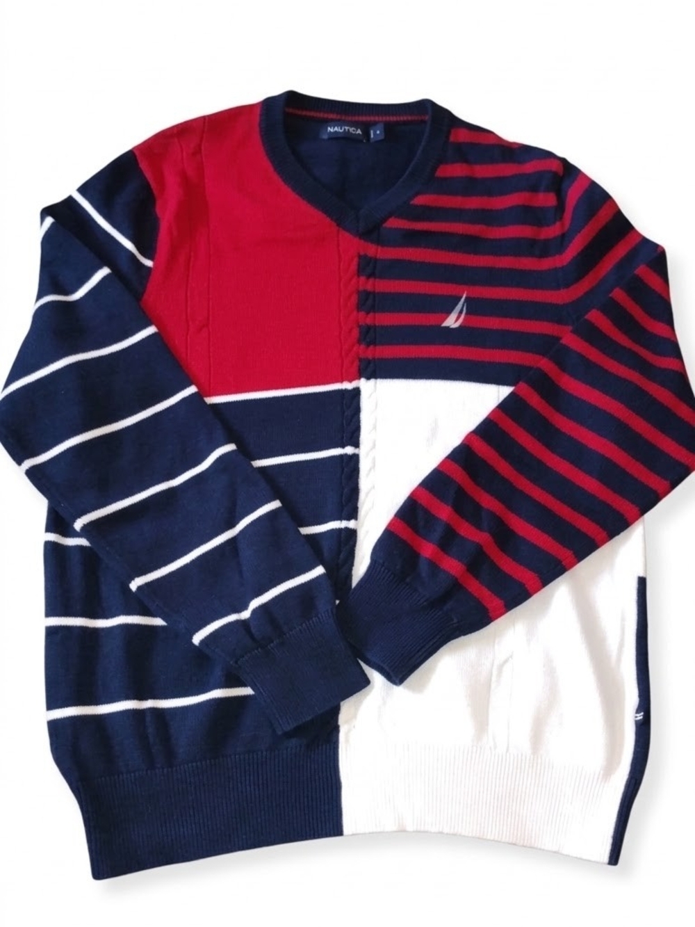 Nautica Men's Colorblock Striped V-Neck Sweater - Red/Navy/White